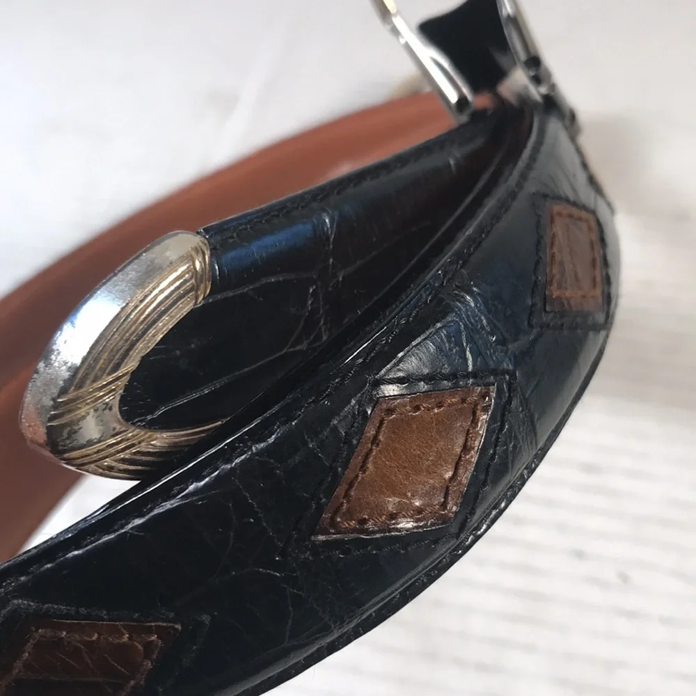 Vintage Italian Crocodile Calfskin Leather Diamonds Belt